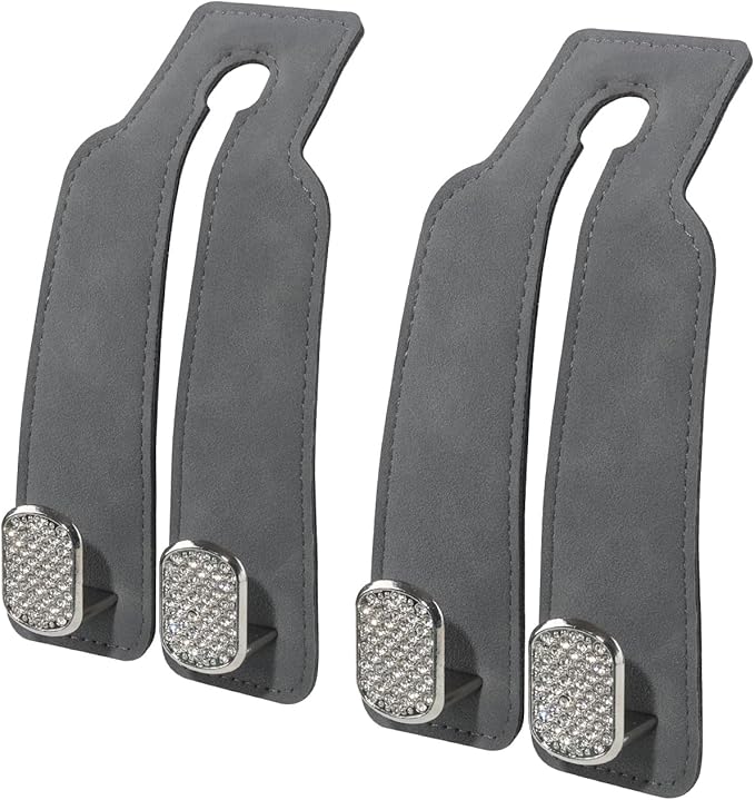 Purse and Bag Hook for Car, Zinc Alloy Seat Headrest Hooks, Upgraded Leather Cute Car Seat Back Purses Hanger and Bags Holder (Grey Diamond, 2Pack)