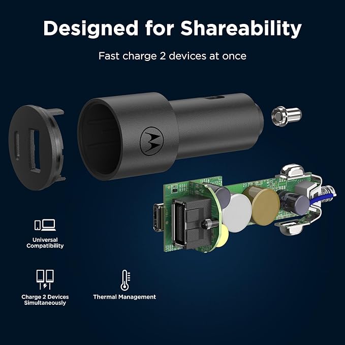 Motorola TurboPower Share Car Charger- 45W Dual Port USB-A, USB-C Output with 1.5m Braided USB-C Cable for Moto G 2025, G Power 2024/2025/2026, G Stylus 2023/2024/2025/2026, G Play 2024, Edge, Razr