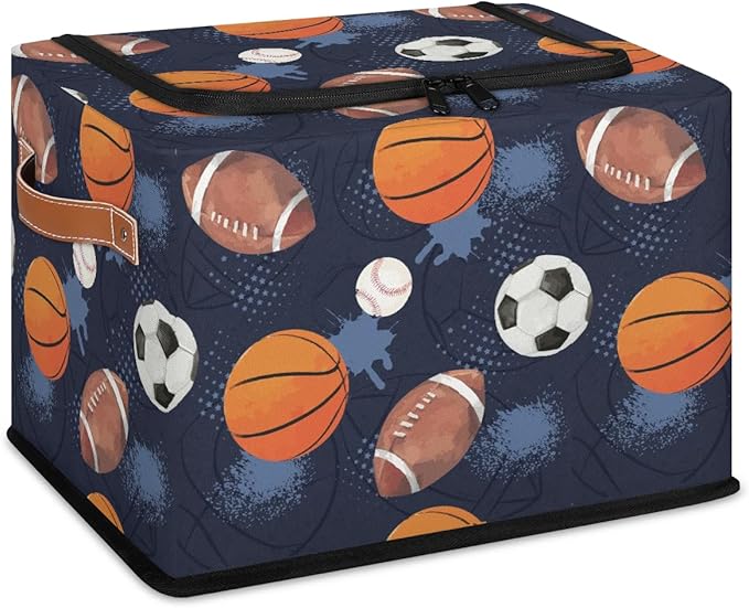 Large Toy Box Collapsible Storage Bins with Lids Closet Storage Baskets for Organizing Shelves Nursery Toy Storage Organizer Boxes for Kids, Boys, Girls (Navy Blue Sport Basketball Soccer)