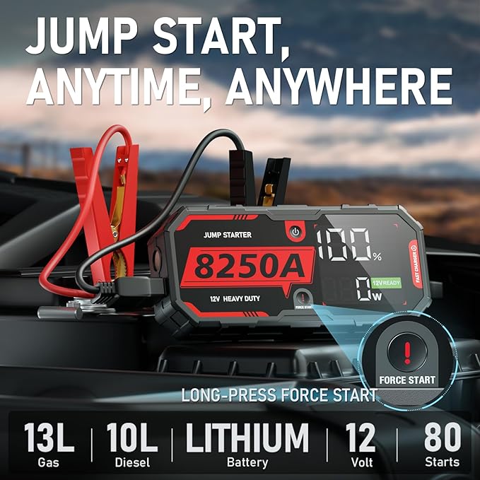 8250A Jump Starter Heavy Duty Jumper Starter Portable Battery Pack (Up to 13L Gas / 10L Diesel), 24000mAh Power Bank, 12V Auto Car Truck Battery Booster Jump Box, 48-Months Stand-by Time