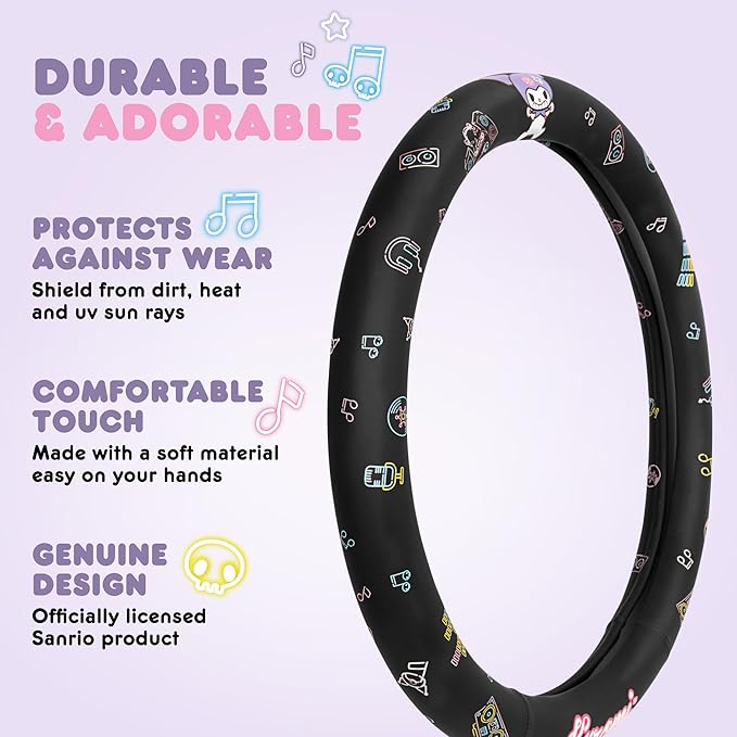Sanrio Kuromi Car Trunk Organizer & Steering Wheel Cover Set – Cute, Non-Slip, Soft Grip Car Accessories for Women – Collapsible Storage Bin for Groceries, Tools & Travel – 12.5"L x 12.5"W x 9"H