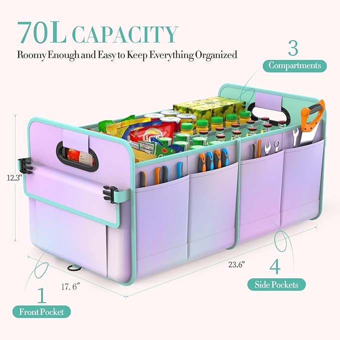 Trunk Organizer For Suv&Sedan,Car Organizers&Storage, Waterproof Collapsible & Adjustable Straps,70L Sturdy Car Organization for Car Accessories,Tools,Sundries,2-3Compartment(Colorful Green)