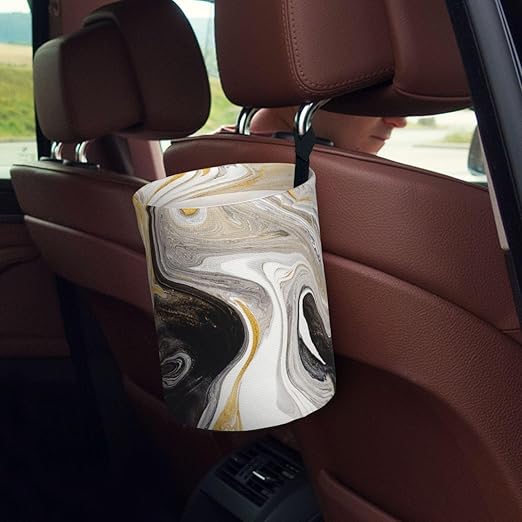 Black and Gold Swirl Liquid Ink Marble Car Trash Can Leak Proof Hanging Waterproof Garbage Can Multipurpose Trash Bin for Car SUV Front Seat Headrest Collapsible and Portable Storage Pocket