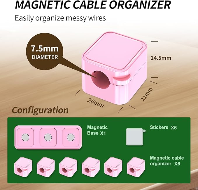 Magnetic Cable Organizer for Desk – Upgraded Wire Clips with Adhesive Base – Desktop Cord Holder for USB, Charging Cables – 6 Clips + 1 Magnetic Base (Pink)
