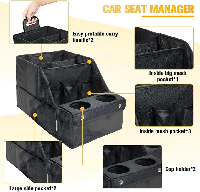 Car Passenger Seat Organizer, Front and Back Seat Organizer with Multiple Storage Compartments & 2 Cup Holders, Automotive Interior Backseat Caddy to Keep Tidy, Universal for Vehicles