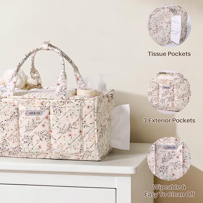 Baby Essentials Cute Floral Diaper Caddy Organizer – Portable Storage Basket with Shoulder Strap & Stroller Hooks, Splashproof Quilted Nursery & Car Tote for Baby Shower, Beige Floral