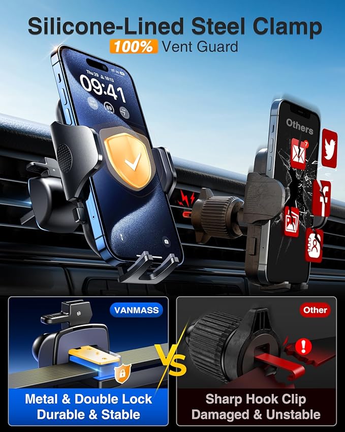 VANMASS Universal Car Phone Holder 2026【Strongest Suction & Military-Grade】Phone Holders for Your Car Windshield Dashboard Vent with【Patent & Safety Certs】Cell Phone Mount for iPhone Samsung Android
