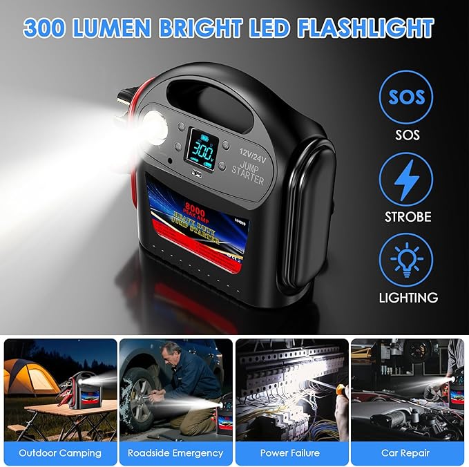 8000A Car Battery Jump Starter for All Gas/Diesel,12V/24V Intelligent Car Jumper Starter Battery Pack, Heavy Duty Portable Jump Box Power Pack with LED Light