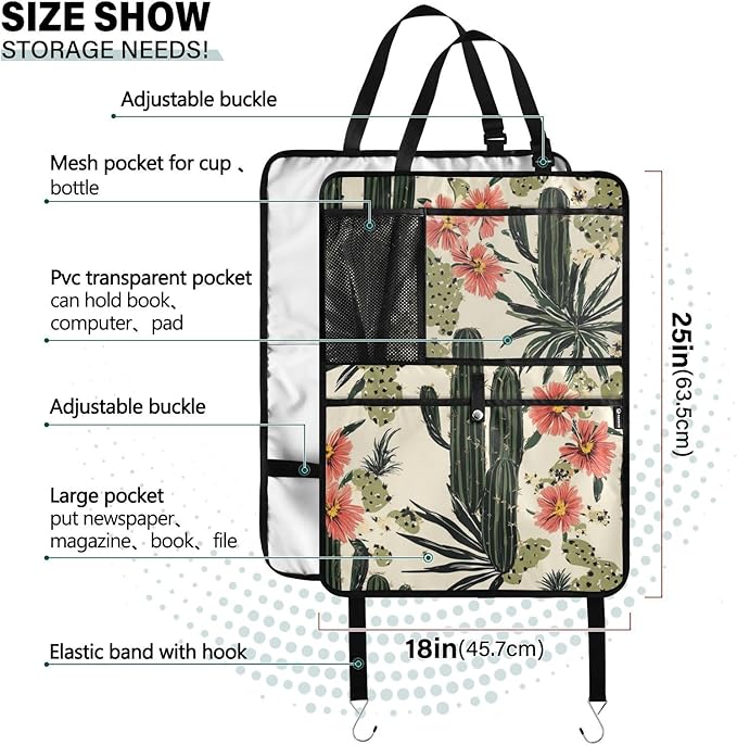Retro Cactus Polynesia Flower 1 Pack Backseat Car Organizer with Storage Pockets Seat Back Organizers for Kids Kick Mats Backseat Protector Automotive
