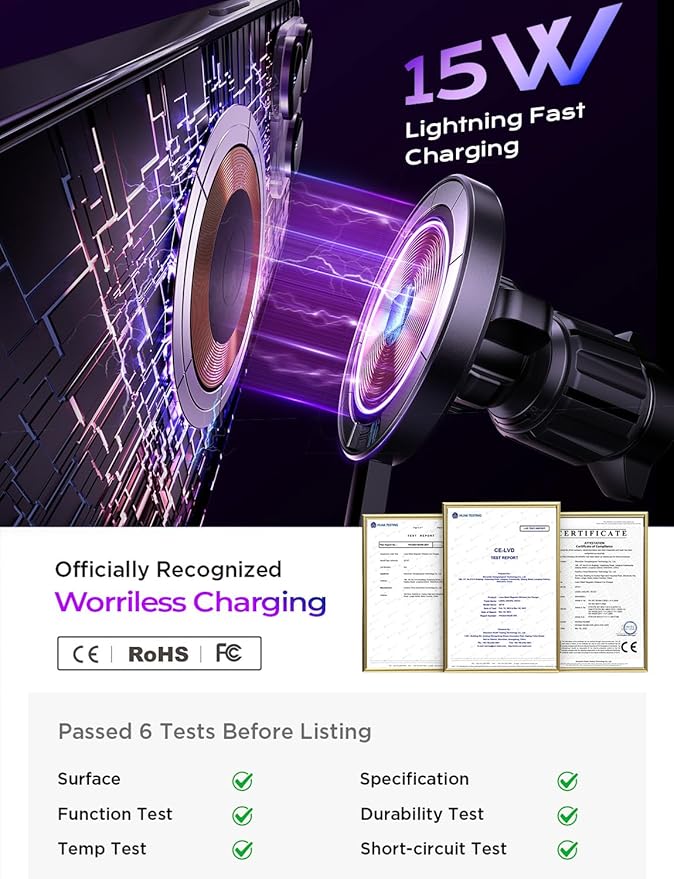 LISEN for 15W MagSafe Car Mount Charger,iPhone Magnetic Wireless Car Charger for iPhone 16 Pro Max Accessories,Car Phone Holder For iPhone 16 15 14 13 12,Samsung with MagSafe Case,Gifts for Men,Sliver