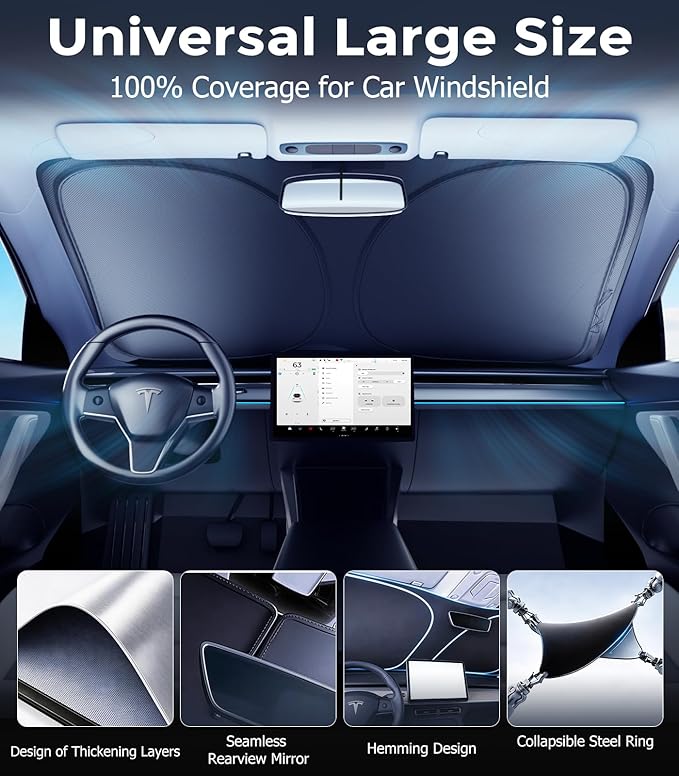 DMJN Front Windshield Sun Shade for Universal Large Size, [Nano Ice-Crystal Coatings] UPF50+ Heat & UV Block, Protect Car Interior & Keep Cool, Flodable Steel-Ring Car Cover for Summer
