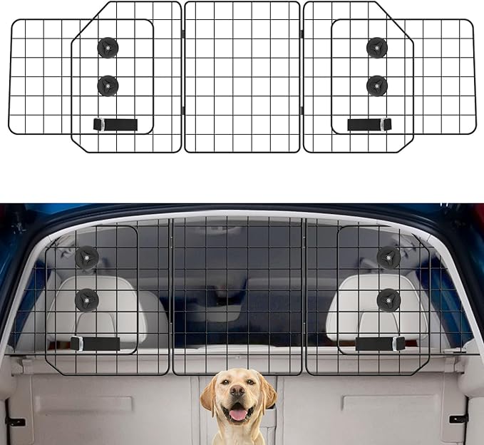 OUSHENG Car Dog Barrier for SUV, Adjustable Pet Divider Gate for Trunk Cargo Area, Universal-Fit Back Seat Heavy-Duty Wire Mesh Dogs Separator Guard Net, Vehicles Safety Travel Accessories