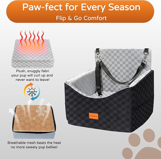 Dog Car Seat Booster for Small Medium Dogs up to 35 lbs - Elevated Memory Foam Pet Booster Seat with Detachable Washable Cover, Safety Tether, Storage Pockets (Grey, Medium)