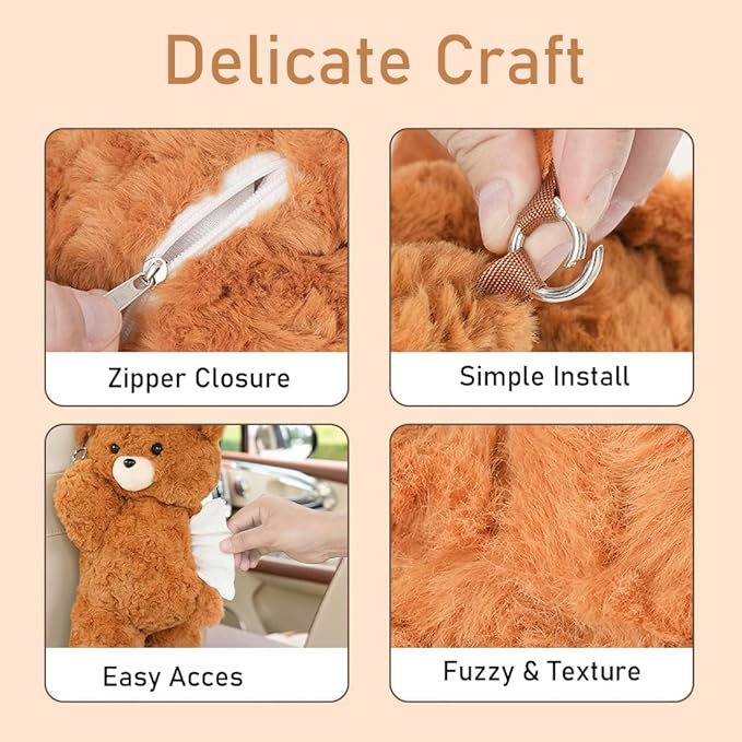Cute Tissue Box Cover Plush Tissue Box Holder for Car, Home, Decorative Holder/Organizer for Bathroom Vanity Countertop, Nightstands, Office Desk-Bear02