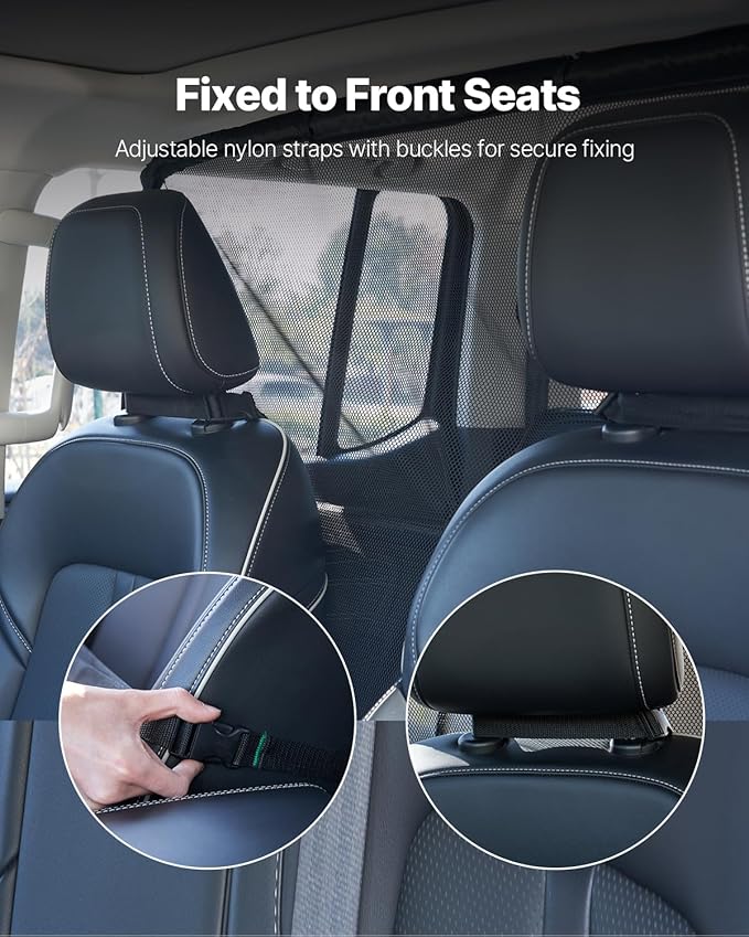 VEVOR Dog Car Barrier, 50" Wide Car Divider for Front Seats Installation, Vehicle Pet Barrier with See Through Net Mesh, Universal-Fit Dog Car Barrier for Mid-Sized Sedans, Trucks, and SUVs, Black