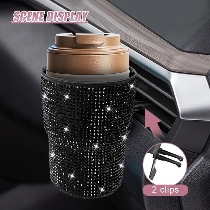 Bling Rhinestones Car Air Vent Trash Can, Hanging Automotive Cup Holder with 2 Hooks, Multi-Function Vehicle Door Organizer Accessories for Key, Pen, Water Bottles, Cellphone(Black)