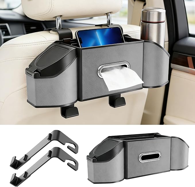 7-in-1 Multifunctional Car Seat Back Organizer, Car Back Seat Storage Box Trash Can & Cup Holder with Tissue Box, Hooks, Universal Fit for Most Cars, SUVs, Trucks (Grey)