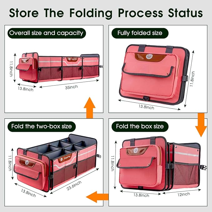Car Trunk Organizer for SUV, Heavy Duty Waterproof Trunk Organizer, Foldable Collapsible Car Organizer with Cooler, Multi-Compartment Large Trunk Organizer (95L), Pink-M003