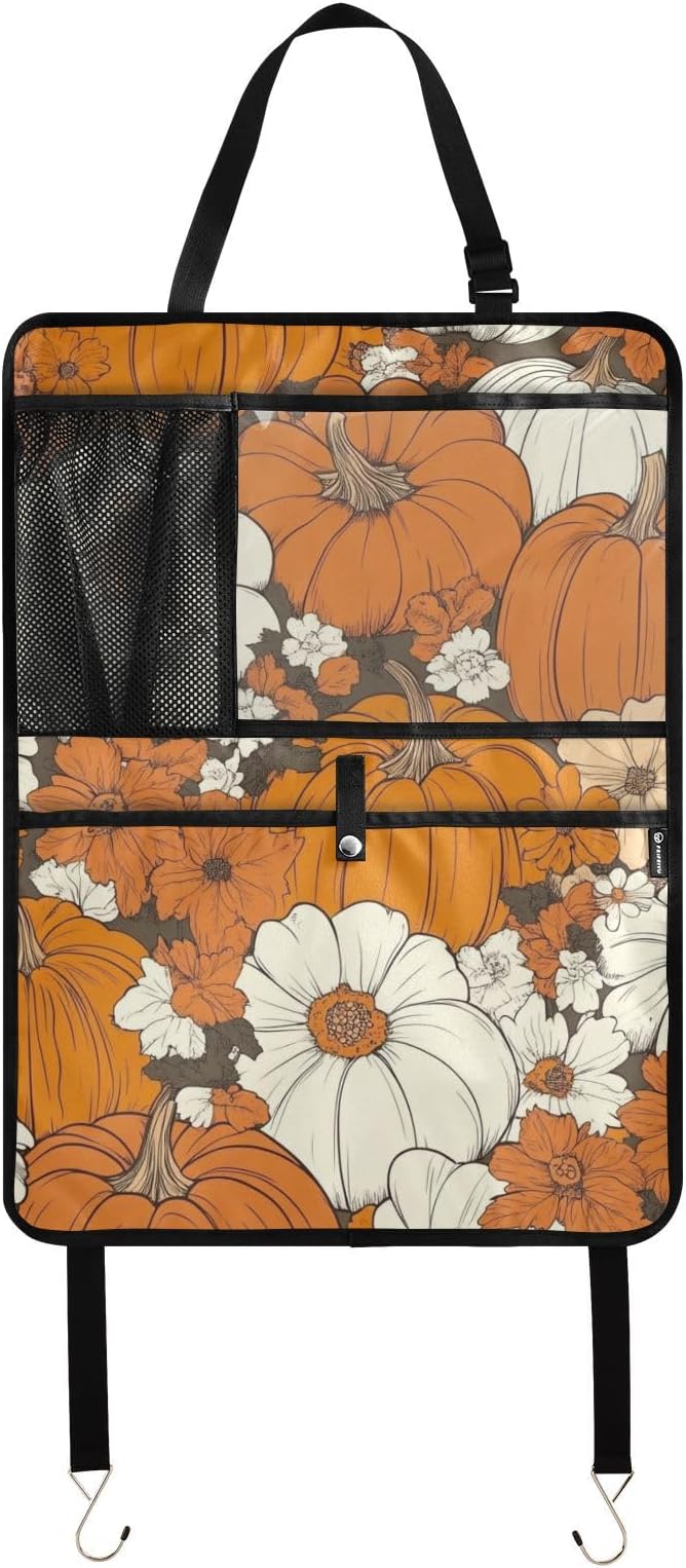 Thanksgiving Pumpkins Flowers Orange 1 Pack Backseat Car Organizer with Storage Pockets Seat Back Organizers for Kids Kick Mats Backseat Protector Automotive