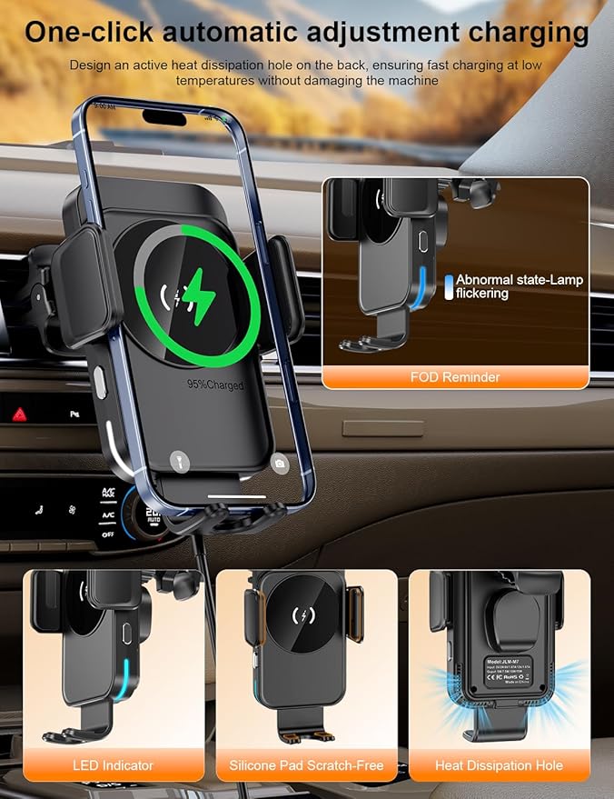 Wireless Car Charger, 15W Fast Charging [Auto Clamping] [Auto alignment] Phone Holders for Your Car Dashboard Windshield Air Vent Car Accessories for iPhone 17 16 15 14 13 12 Series, Samsung Galaxy