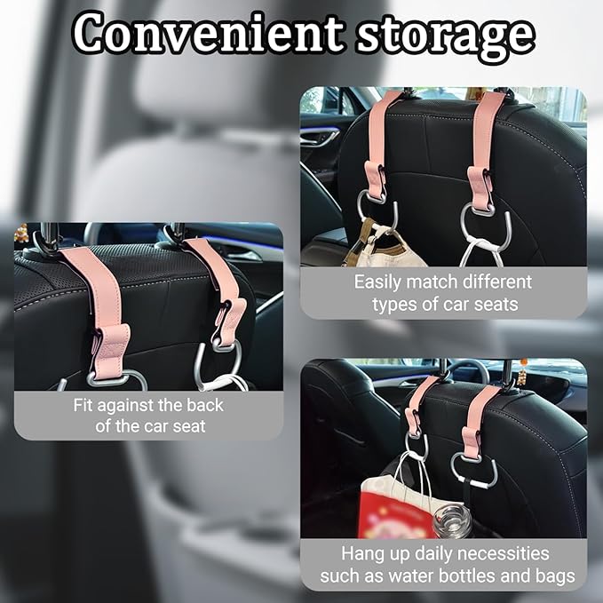 2Pcs Car Purse Hooks, Adjustable Leather Headrest Hooks for Car, Seat Back Organizer for Bags Purses (Pink)