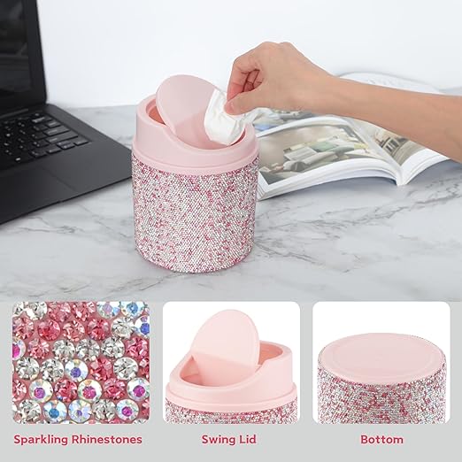 KEYPOWER Bling Rhinestone Mini Plastic Trash Can Cute Small Waste Can with Swing Lid,Suitable for Home Countertop,Car,Table Desk,Office (Pink)