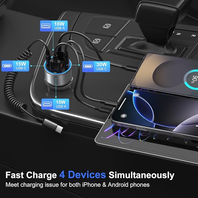 Car Charger USB C, 65W Dual 12V Car USB Charger Multiport with Voltage Display PD/QC 3.0 Super Fast Charge Cigarette Lighter Adapter for iPhone 17 16 15 14 13 12 Pad Pro Air(Gray)