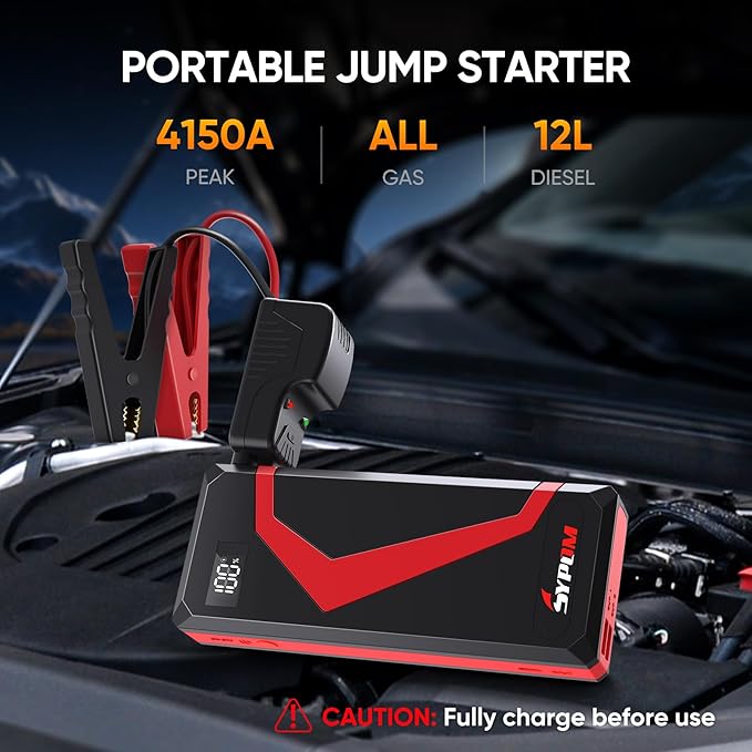 Portable Car Jump Starter, 4150A Peak Portable Car Battery Charger, 12V Battery Jump Box for Motorcycle, Truck Up to 12L Diesel, LED Light for Roadside Emergency Kit (Red)
