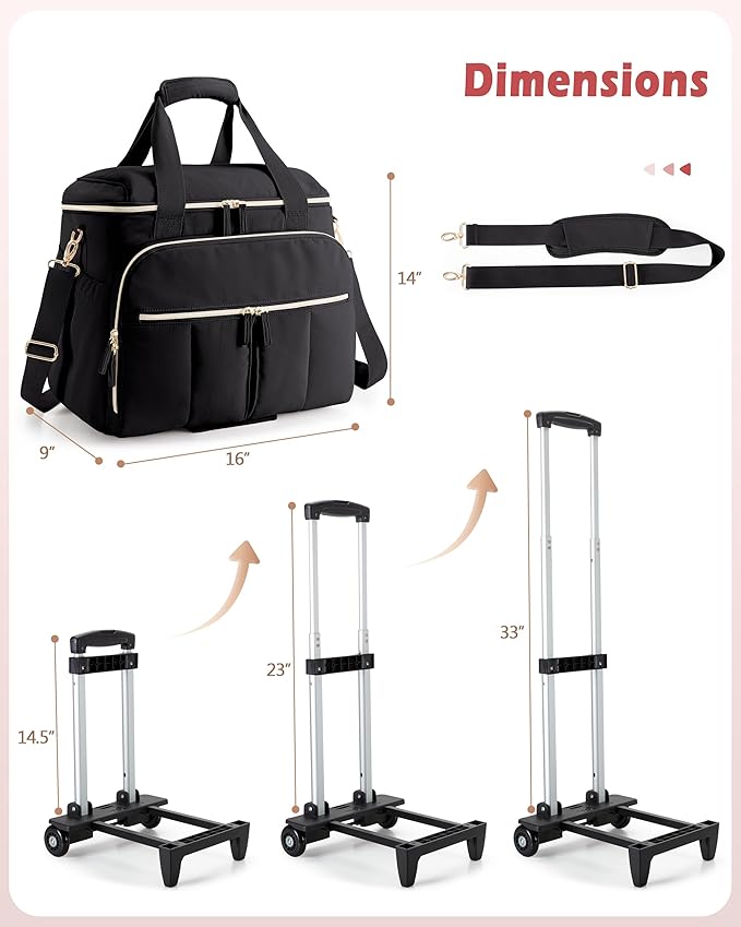 Marscamd Rolling Teacher Bag with Accordion File Organizer & 15.6" Laptop Compartment, Wheeled Work Briefcase Tote with Detachable Trolley & Crossbody Strap for Women, Black