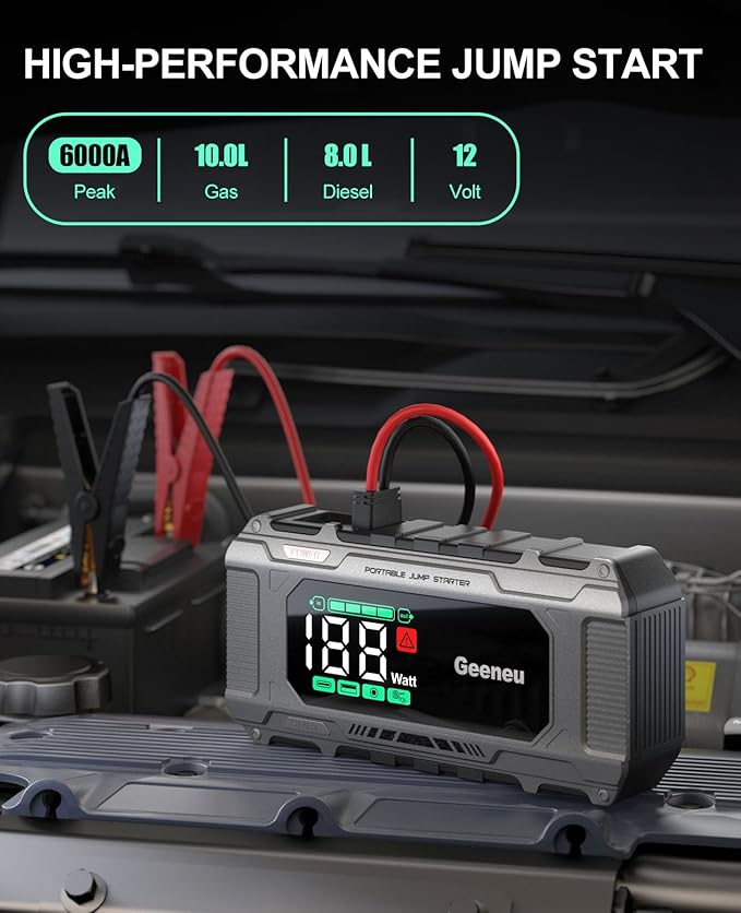Battery Jumper Starter Portable 6000A Car Jump Starter, 12V Jump Box for Car Battery Charger Power Pack for 8.5L Gas/7L Diesel, QC 18W, Large Screen,150W DC, Lights