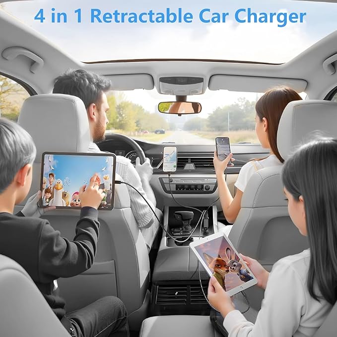 Retractable Car Charger, 120W USB-C Fast Charge Phone Charger for Car, 4-in-1 Dual Type-C Cables & USB-A QC Port, Car Charger for iPhone 17/16/15/14/13 Samsung Travel Essentials Gifts for Women & Men