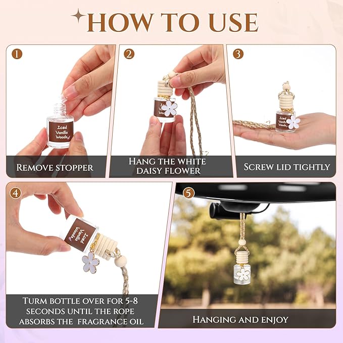 Siifert 2 Sets Hanging Car Air Freshener and Essential Oil Diffuser, Car Air Freshener Daisy Essential Oil Diffuser Long Lasting Automobile Aromatherapy(White,Iced Vanilla Woods)