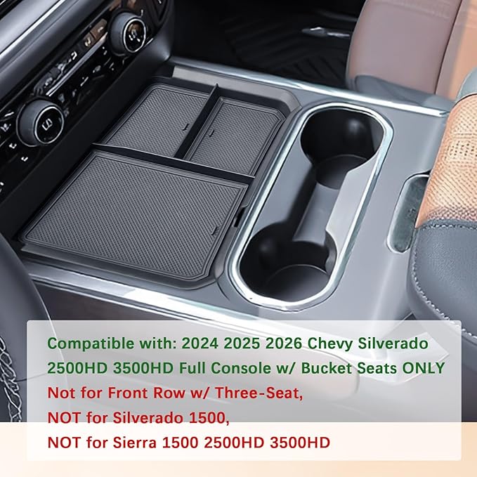TACOBRO Front Center Console Organizer Tray Compatible with 2024-2025 2026 Chevy Silverado 2500HD/3500HD - Durable ABS Plastic with Rubber Pads - Silverado 2500HD/3500HD Storage Accessories