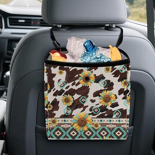 Navajo Aztec Tribal Print Car Trash Can for Back Seat Car Accessories for Women Men Leakproof Auto Garbage Cans Hanging Cowhide Sunflower Trash Bin for Car Water-Resistant