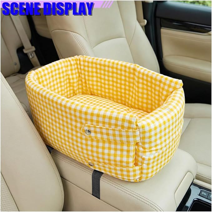 Craedli Center Console Dog Car Seat, Removable Car Armrest Box Pet Booster Seat with Safety Leash & Cushion, Washable Auto Interior Dog Carseat for Small Pets, Fit Most Cars (Yellow)