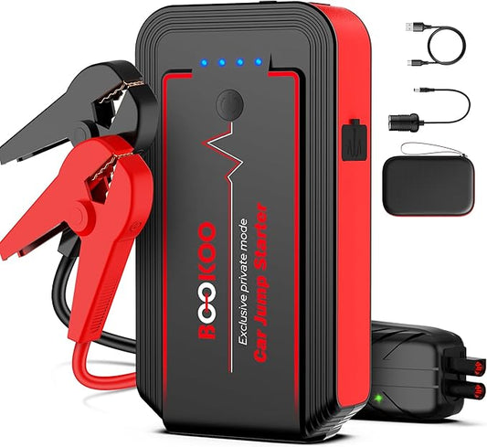 BOOKOO Car Battery Jump Starter,4500A Portable Car Jumper Starter for upto 10L Gas and 8L Diesel Engines,12V Jump Box with Jumper Cables,USB QC3.0,128W DC Port,LED Light for Car Trip and Emergency Use