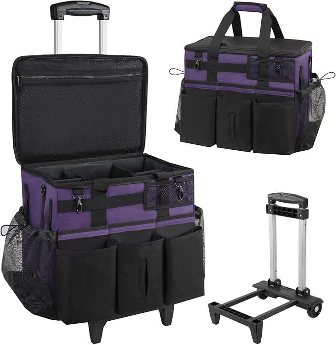 Rolling Cleaning Caddy Bag with Detachable Trolley, Large Cleaning Supplies Organizer with Wheels, Multi Pocket Cleaning Cart with Adjustable Shoulder Strap for Housekeeper & Home, GrapePurple