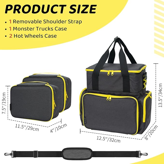 KISLANE Tote Toy Cars Storage Bag with Inner Pouches – Holds 96 Cars and 24 Monster Trucks, Toy Cars Organizer Storage for Matchbox, Monster Trucks (Yellow)