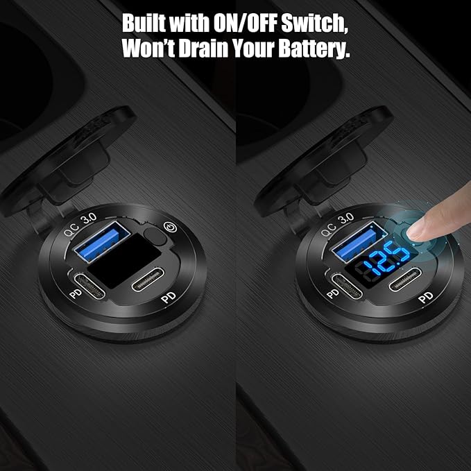 12V USB Outlet 3 Port Car Charger Socket, 78W Dual PD USB C 30W and Quick Charge3.0 Port Aluminum Charger Waterproof with Voltmeter and Button Switch for Boat Marine Motorcycle RV Truck Golf Cart, etc