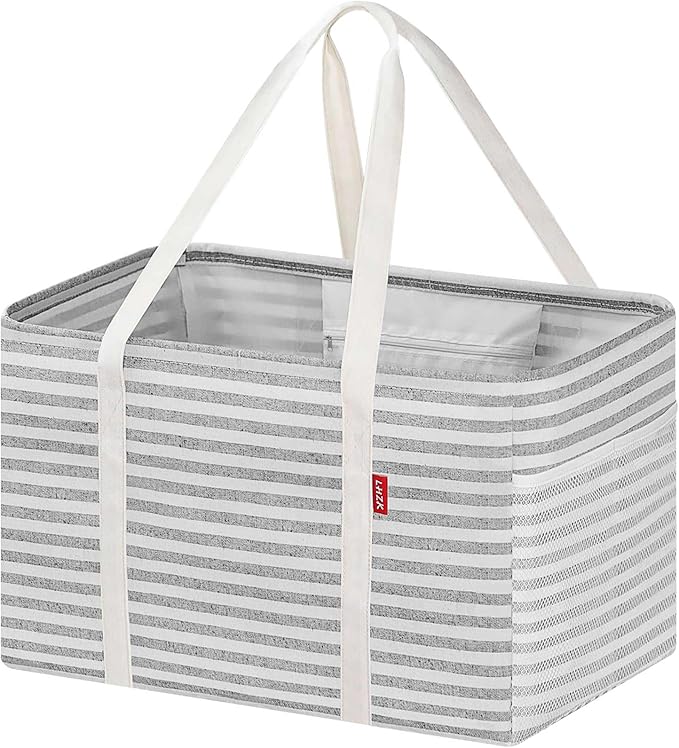 LHZK Standing Utility Tote Bag with Metal Wire Frame and the Sides Rinforced, Large Tote Bag with Handle, Reusable Grocery Bags Foldable, Beach Bag, Car Tote (Gray, 18.5''x11.8''x11.5'')