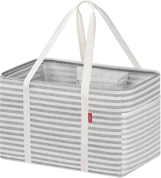 LHZK Standing Utility Tote Bag with Metal Wire Frame and the Sides Rinforced, Large Tote Bag with Handle, Reusable Grocery Bags Foldable, Beach Bag, Car Tote (Gray, 18.5''x11.8''x11.5'')