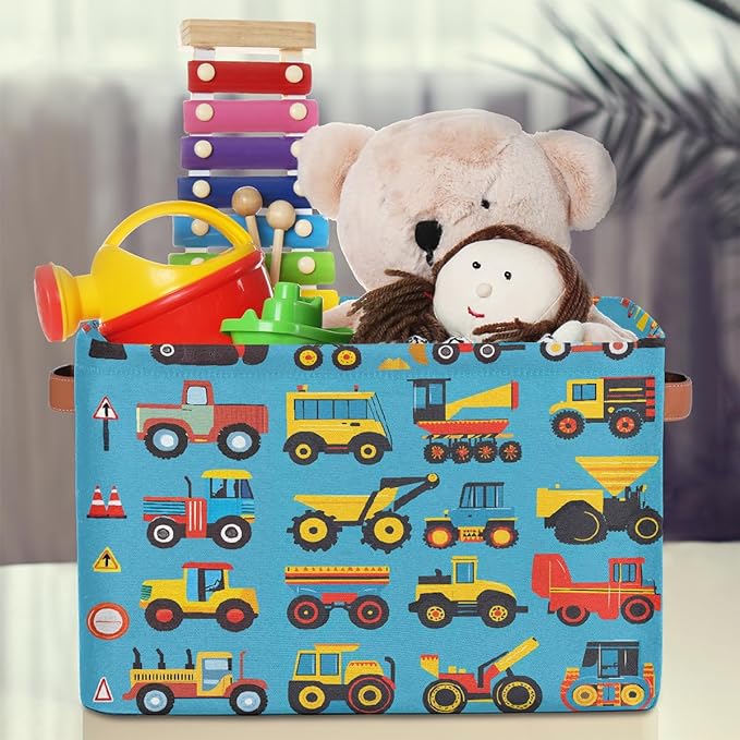 Cartoon Construction Storage Baskets for Organizing, Fabric Collapsible Storage Bins Box Cars Tractors Bulldozers Decorative Toy Organizer Baskets for Closet Shelves Gift Basket 2Pcs