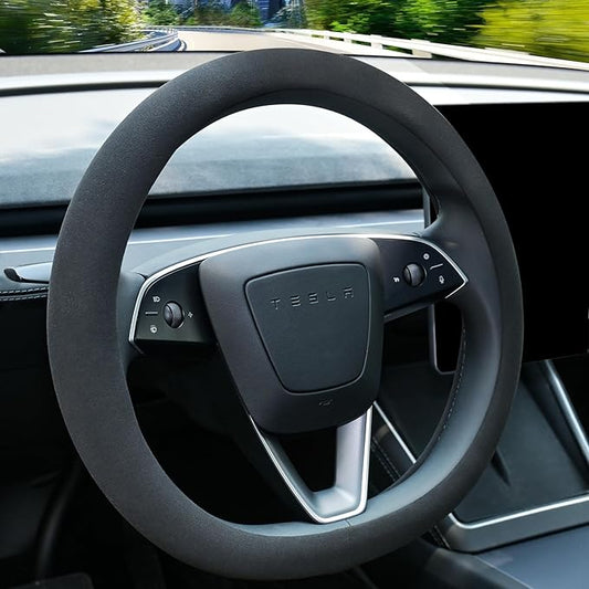 Uxcer Suede Steering Wheel Cover for Tesla Model 3/Y 2016-2025 2026 Juniper/Highland, Non-Slip Breathable Tesla Model 3/Y Steering Wheel Protector, Black
