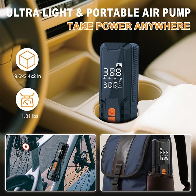 YIMWMIY Tire Inflator Portable Air Compressor – Emergency Flat Tire Rescue & Pressure Maintenance Tool, Cordless Pump with 150PSI, LCD Screen, Auto Shut-Off – for Car, Motorcycle, Bicycle, Balls