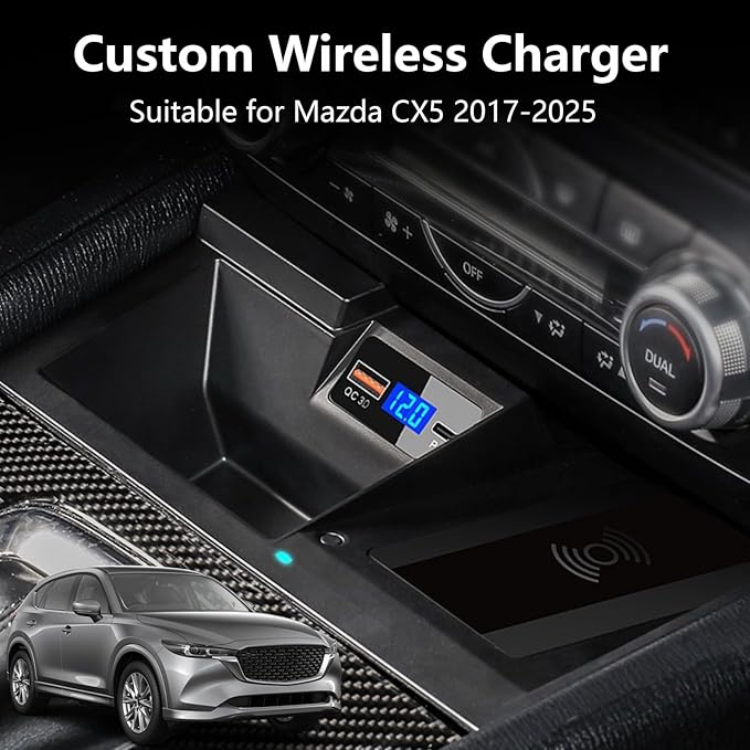 Wireless Car Charger for Mazda CX5 2025 2024 2023 2022 2021 2020 2019 2018 2017 Accessories, OEM Style 15W Qi Phone Fast Charging Pad for Mazda CX-5 Automotive Center Console Organizer