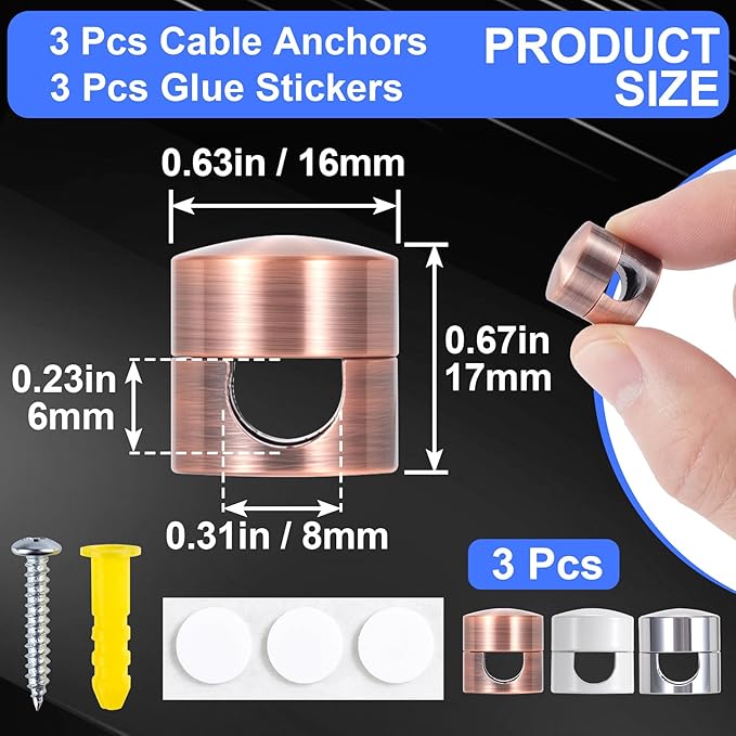 SmallCat 3 Sets Charger Holders for Cords, Adjustable Cable Anchor Holders, Adhesive Metal Cord Clips, Cable Management Wire Organizers for Desk, Office, Nightstand - White, Silver, Red Bronze
