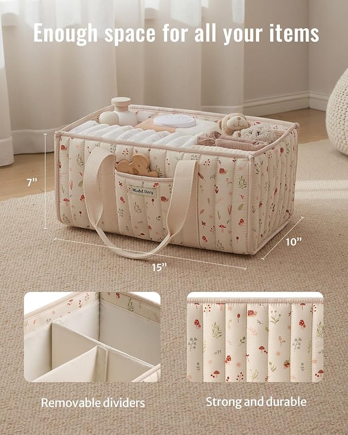 Blissful Diary Woodland Diaper Caddy Organizer, Stylish Nursery Storage Basket, Gift for Baby Shower, Newborn Essentials, Woodland Cream