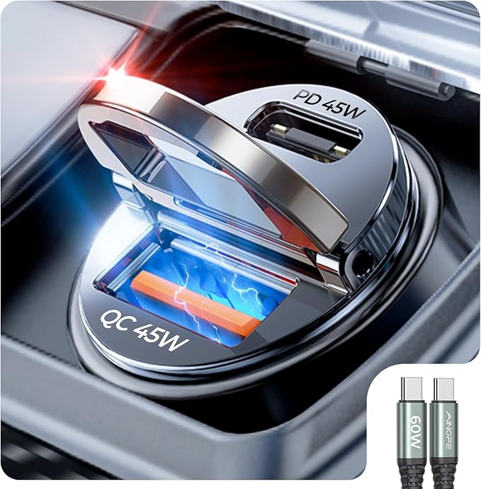 AINOPE 90W for Phone 17/16/15 Pro Max Car Charger USB C Fast Chage, [Mini&Metal] Invisible Cigarette Lighter Adapter with 3FT USB C to C Cable for iPhone 17/17 Pro/17e/16/15 Pro Max/Plus/16e, Kids