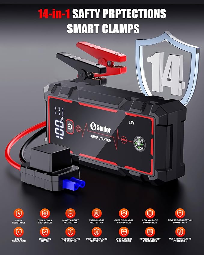 Jump Starter, 5000A Car Battery Jumper Starter Portable, Jump Box Battery Booster with 3 Modes Flashlight, Jumper Cables with Gloves