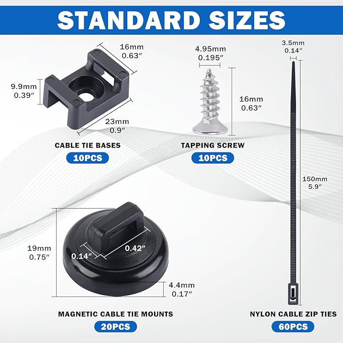 20 PCS Magnetic Zip Tie Mounts Base Neodymium Magnets & 60 Pcs Releasable Cable Zip Ties & 20 Pcs Zip Tie Saddle Type Mounts, Magnetic Cable Zip Tie Holders Base for Cable Wire(100 Pcs)